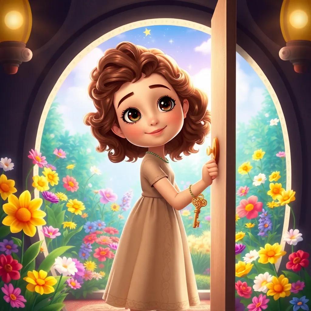 A young girl, Clara, with curly brown hair in a simple dress, opening a door with a golden key, revealing a bright and colorful garden full of singing flowers, magical feel, digital art, bright colors, high quality
