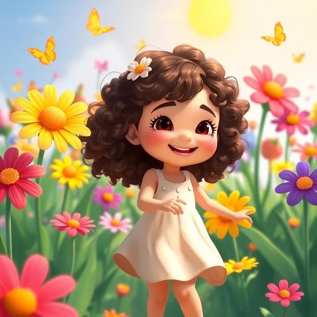 Clara, a young girl with curly brown hair in a simple dress, dancing among multicolored singing flowers, with happy expressions, surrounded by butterflies and sunshine, joyful and vibrant, high quality