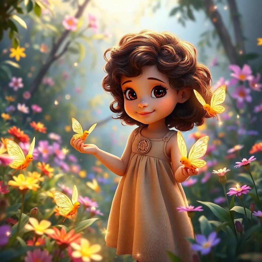 Clara, a young girl with curly brown hair in a simple dress, playing with small fairies with bright wings, in a beautiful garden filled with colorful flora and sparkling lights, enchanting scene, high quality