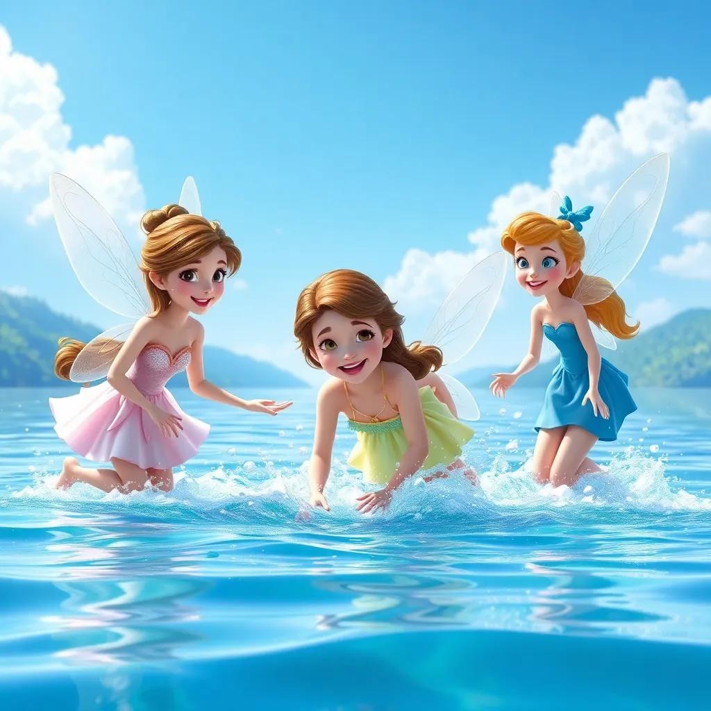 Clara and fairies splashing in a shimmering lake, with crystal clear waters and a blue sky overhead, laughter and joy in the air, magical atmosphere, high quality