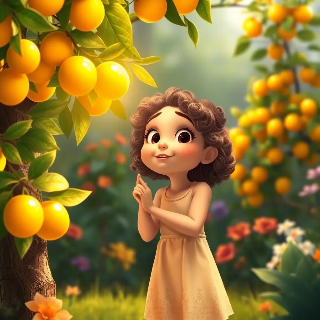 Clara, a young girl with curly brown hair in a simple dress, discovering a golden fruit tree with shiny fruits, wonder and excitement on her face, colorful garden, digital art, high quality