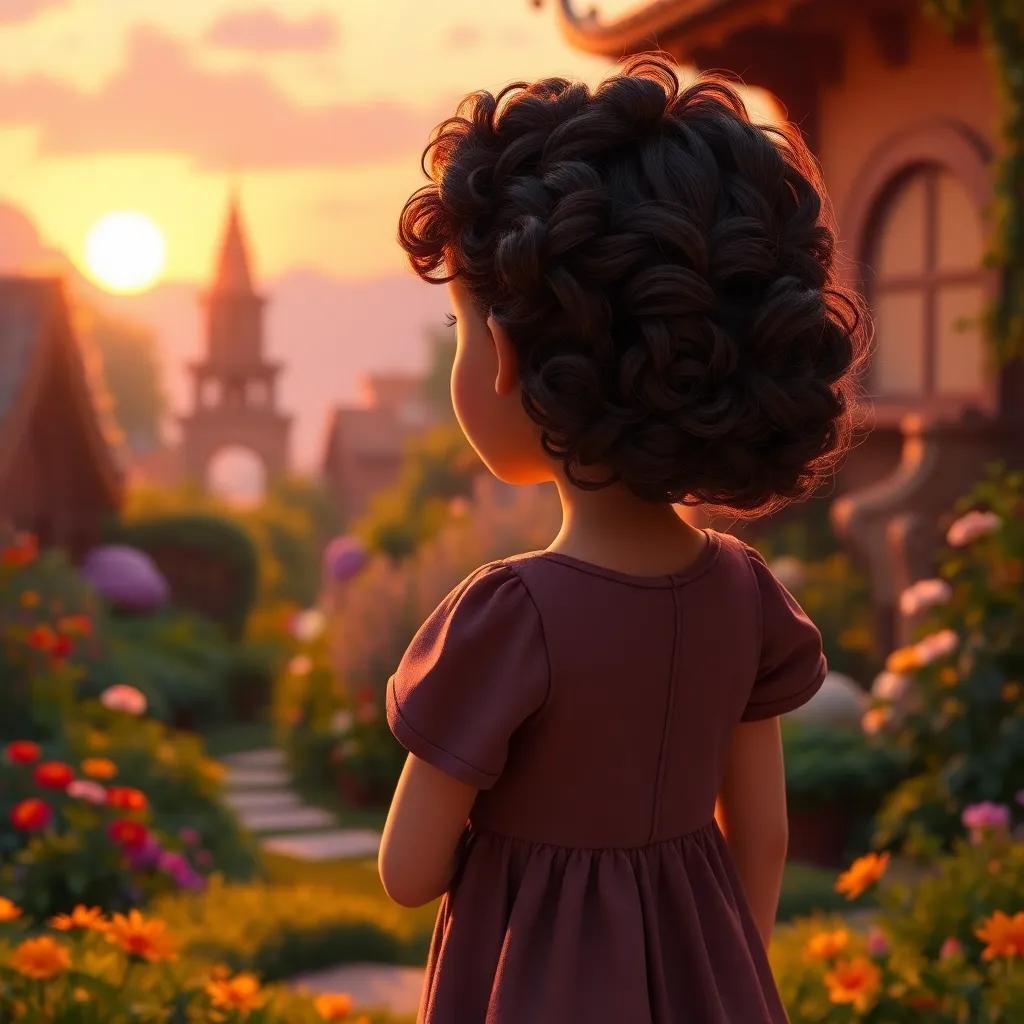 Clara, a young girl with curly brown hair in a simple dress, taking a last look at the magical garden with the setting sun in the background, feeling grateful, warm and inviting colors, high quality