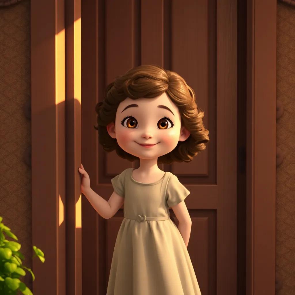 Clara, a young girl with curly brown hair in a simple dress, closing the door behind her, with a happy and satisfied expression, remembering the magic of the garden, warm light, high quality