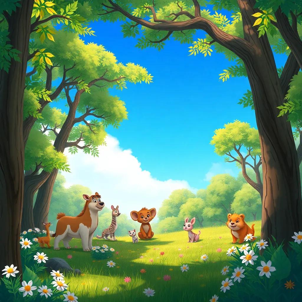Un bosque soleado con animales felices, flores brotando y un cielo azul claro, ilustración vibrante, alegre, colores cálidos, perspectiva amplia, calidad alta