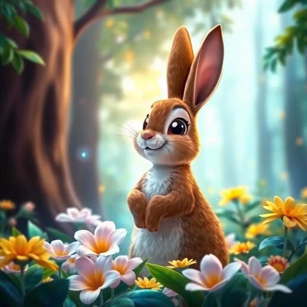 Un conejo marrón llamado Tico, con grandes orejas, salta de felicidad entre las flores, fondo del bosque iluminado, ilustración colorida, alegre, elegante