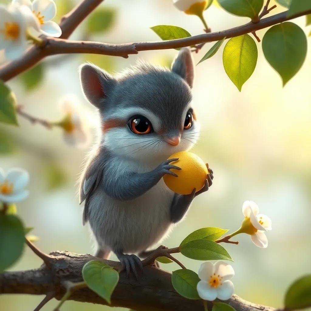 Una ardilla pequeña llamada Lía, recogiendo nueces en un árbol, con pelaje gris y ojos brillantes, en un entorno de primavera, detallado, cálido, amigable