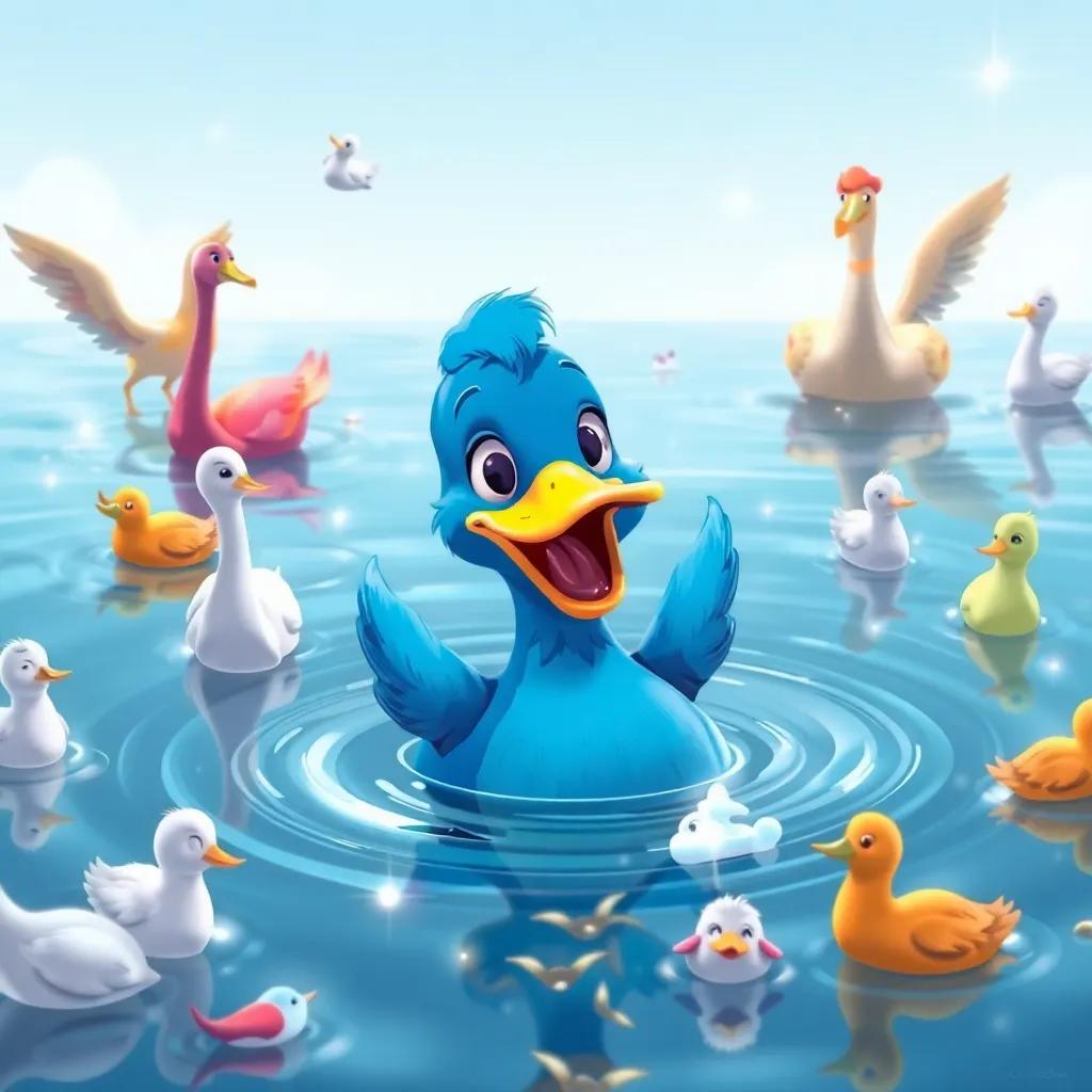 Un pato llamado Pedro, nadando en un estanque brillante, cantando y rodeado de ranas y peces, feliz, ilustración alegre, colores suaves