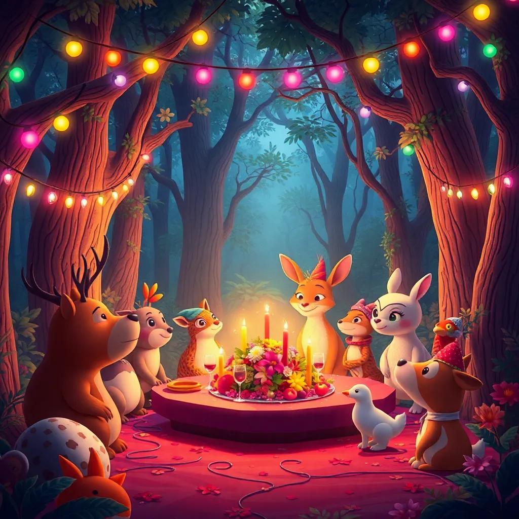 Un claro del bosque decorado con luces de colores, animales reunidos, un banquete con nueces y flores, vibrante, festivo, perspectiva amplia, ilustración cálida