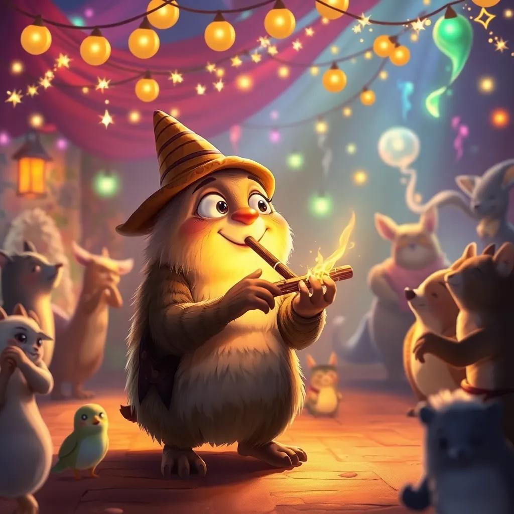 Un búho sabio tocando la flauta en la fiesta, con animales bailando alrededor, ambiente mágico, luciérnagas brillando, ilustración mágica, detallada