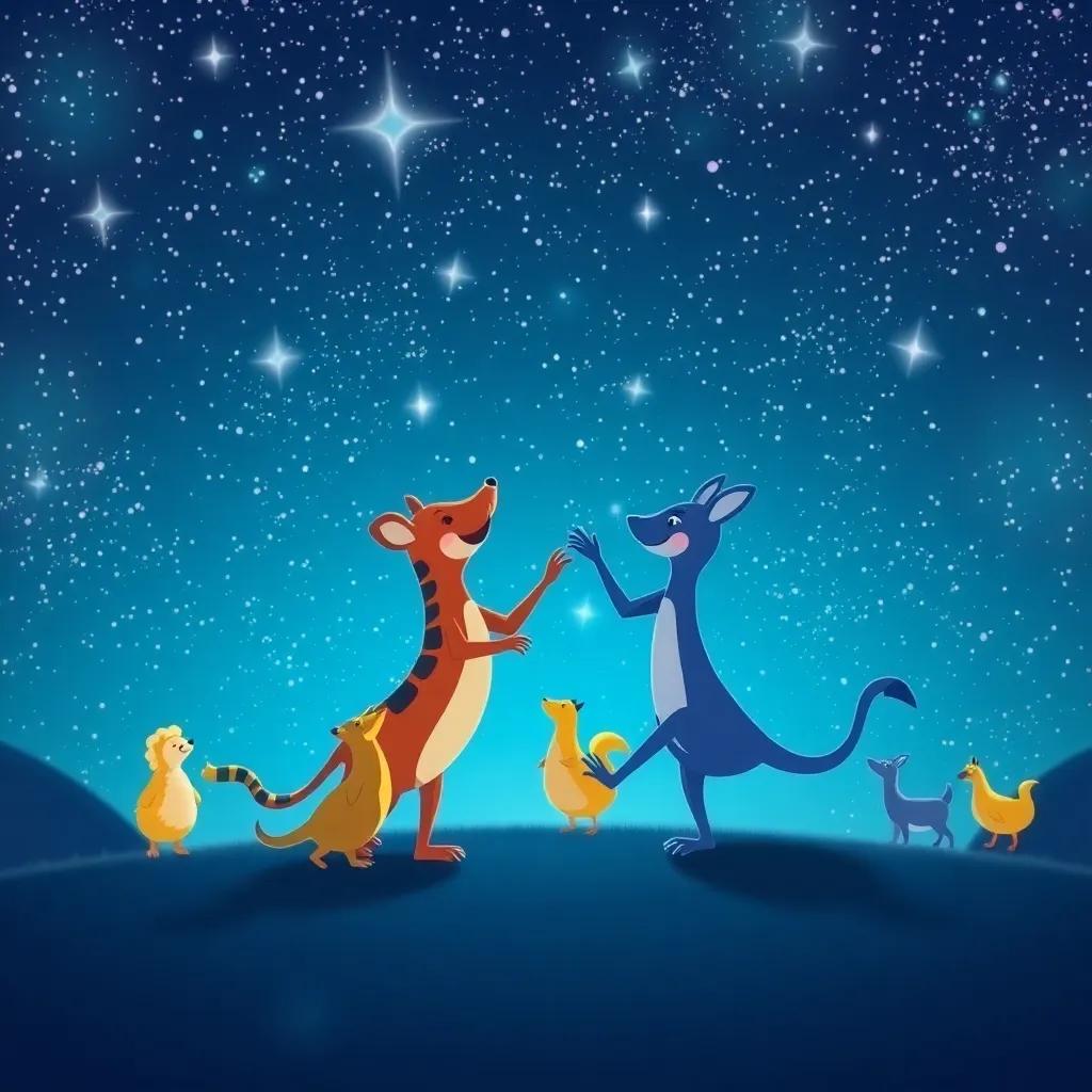 Animales bailando bajo un cielo estrellado, luciérnagas que crean un ambiente mágico, alegre, divertida, ilustración amigable, colores variados