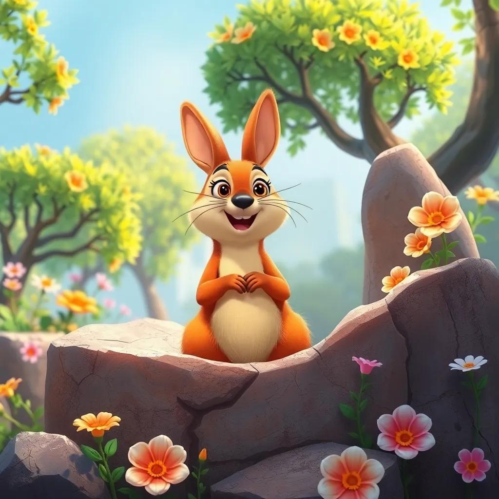 Un conejo Tico en una roca, hablando a sus amigos, flores y árboles de fondo, ilustración amigable, entusiasta, colores vivos