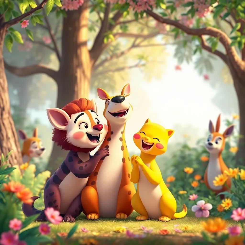 Los animales aplaudiendo y celebrando juntos, un bosque lleno de colores primaverales, ambiente feliz, ilustración vibrante, cálida