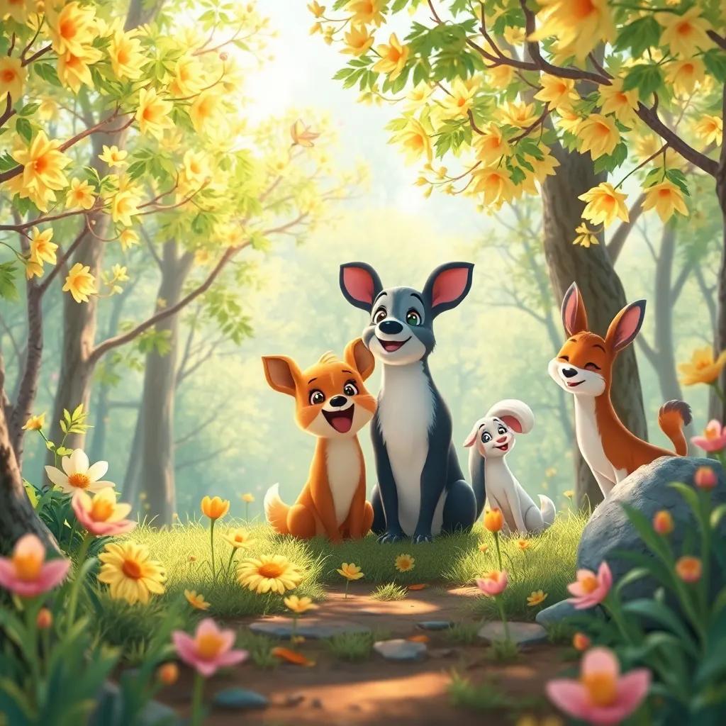 Un bosque lleno de alegría y felicidad, animales disfrutando de la primavera juntos, estilo ilustración infantil, colores brillante, ambiente soleado