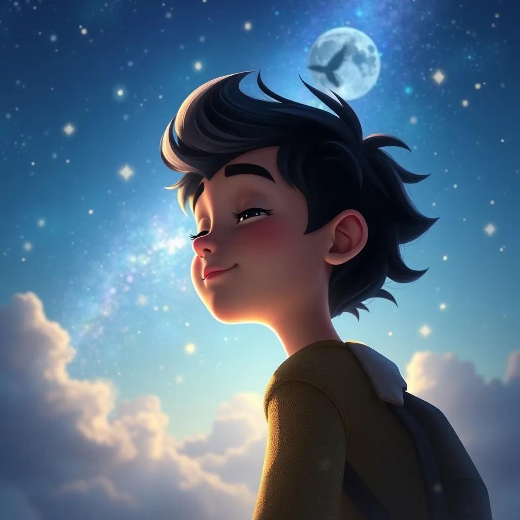 Mateo con los ojos cerrados, deseando volar hacia las estrellas, viento suave a su alrededor, cielo iluminado, estilo encantador, colores cálidos, digital painting, vista envolvente.