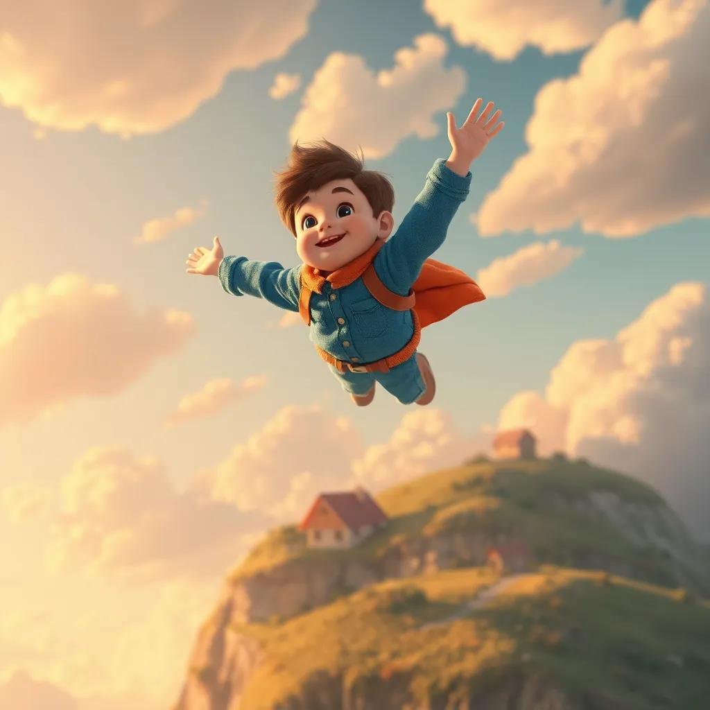 Mateo volando alto en el cielo entre nubes esponjosas, paisaje de un hogar pequeño en la distancia, arte colorido, perspectiva aérea, alegre y feliz, calidad nítida.
