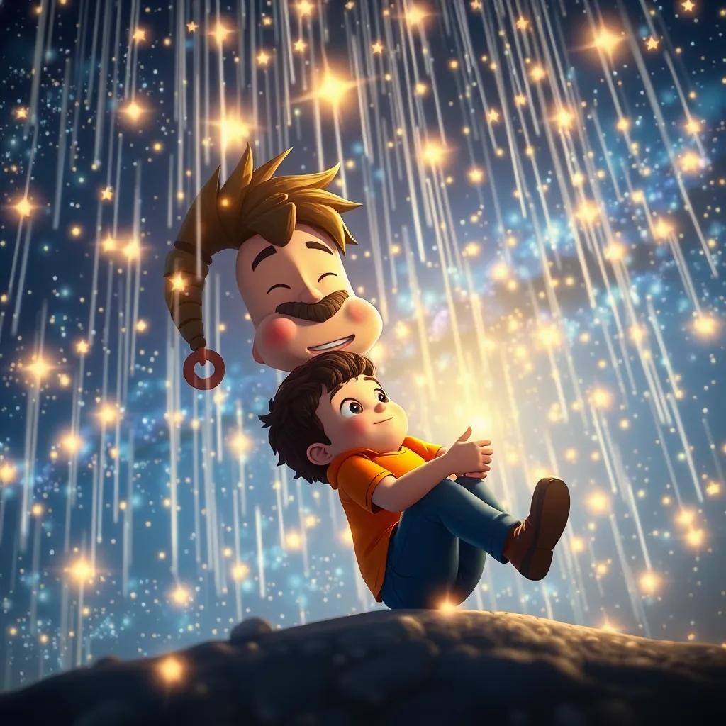 Una lluvia de estrellas brillantes cayendo del cielo, Mateo sonriendo y riendo, fondo de un cielo estrellado, arte digital brillante, ambiente mágico, enfoque brillante.