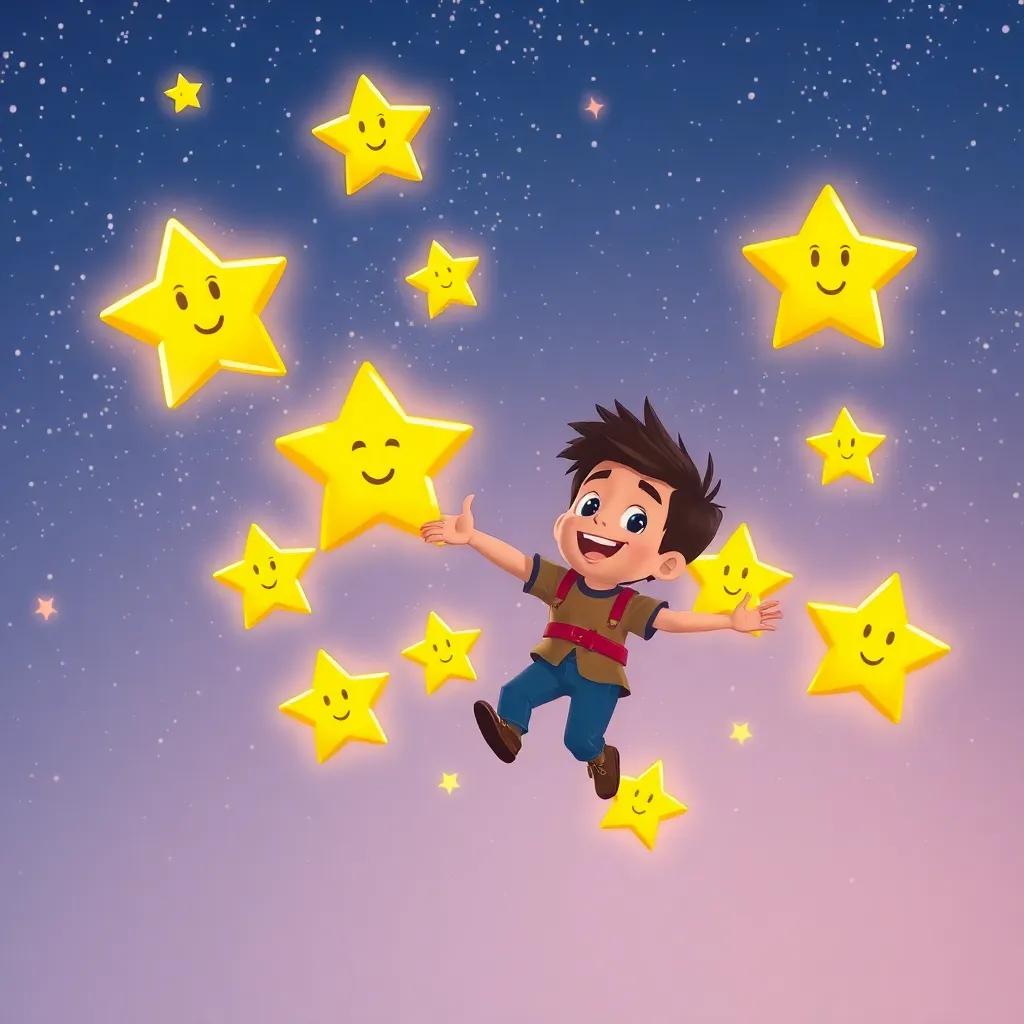Mateo rodeado de estrellas amigables que lo animan a seguir, escenas alegres en el cielo estrellado, ilustración divertida, colores alegres, alta calidad.