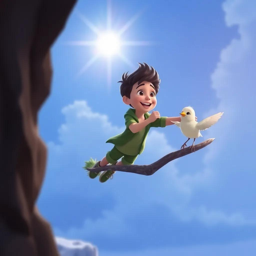 Mateo volando con un pájaro cantando junto a él, arcoíris brillante al fondo, digital art, alegre y encantador, perspectiva desde el lado.