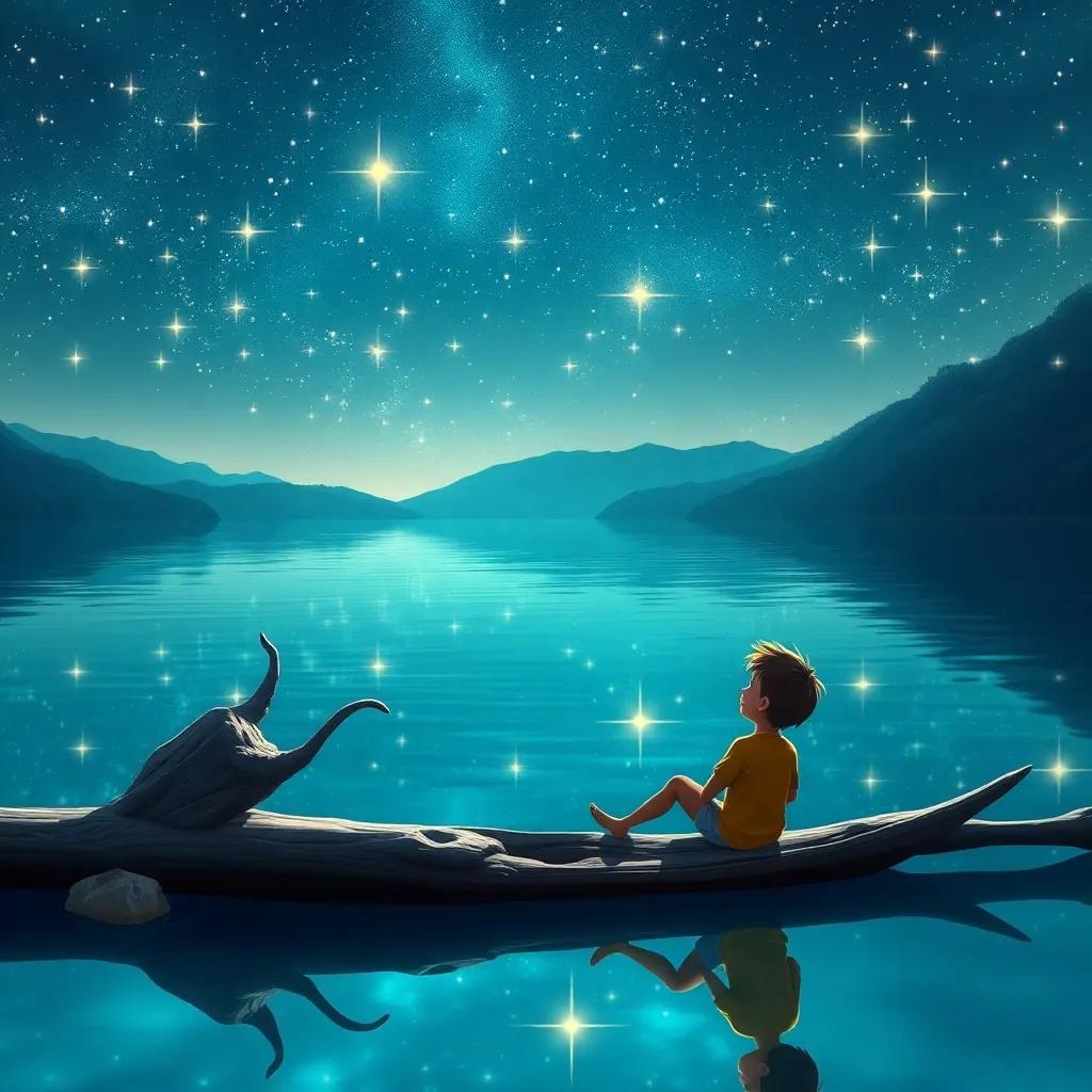 Lago mágico con estrellas brillantes reflejadas en el agua, Mateo sentado y feliz junto a la orilla, pintura mágica, perspectiva romántica, colores cálidos.