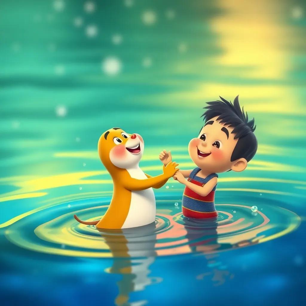 Mateo y un pez danzante en el agua, ambos sonriendo y saltando juntos, fondo mágico, arte digital, colorido y alegre, vista desde el agua.