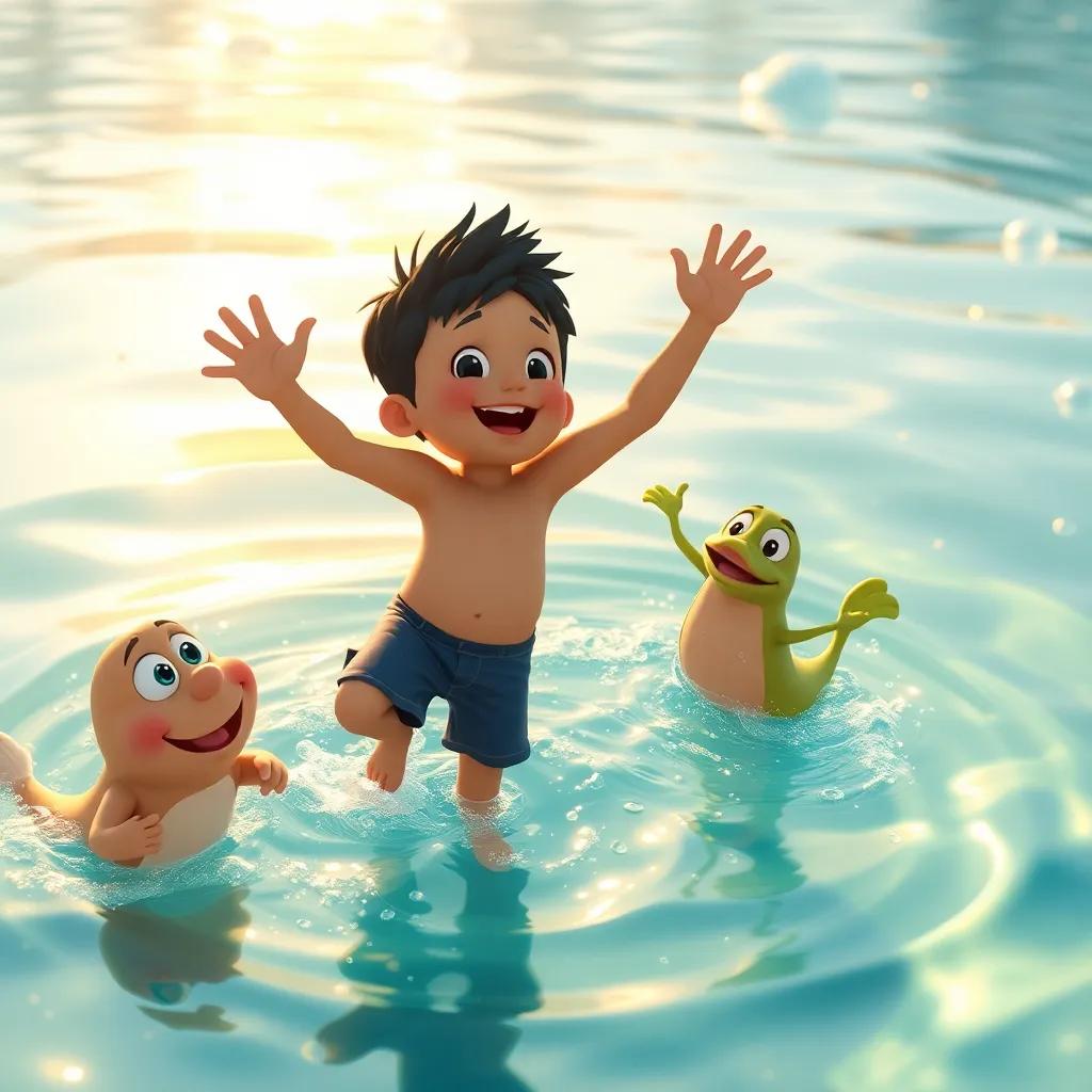 Mateo bailando y jugando en el agua, lleno de alegría, pez amistoso a su lado, vibrante y divertido, estilo encantador, perspectiva cercana.