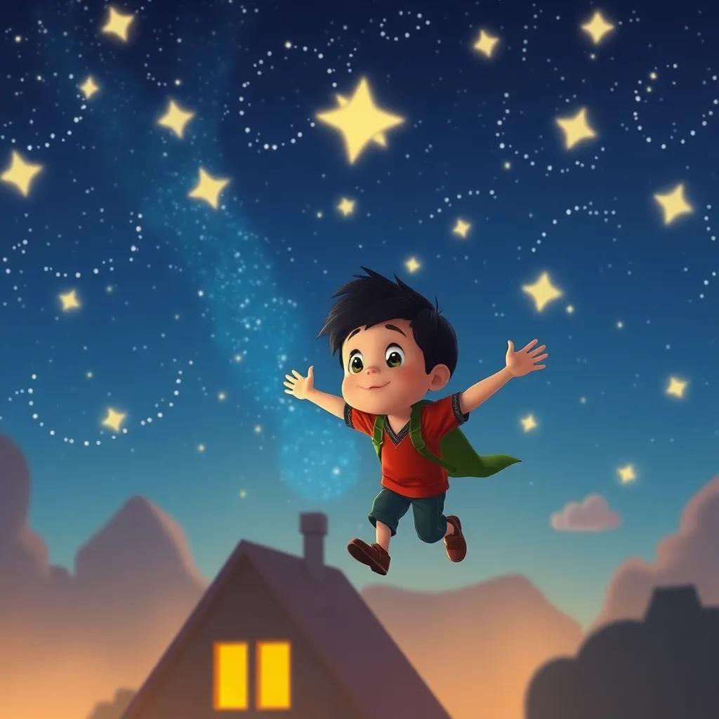 Mateo volviendo a casa con el cielo amaneciendo, estrellas despidiéndose, fondo cálido y soñador, pintura inspiradora, alta calidad.