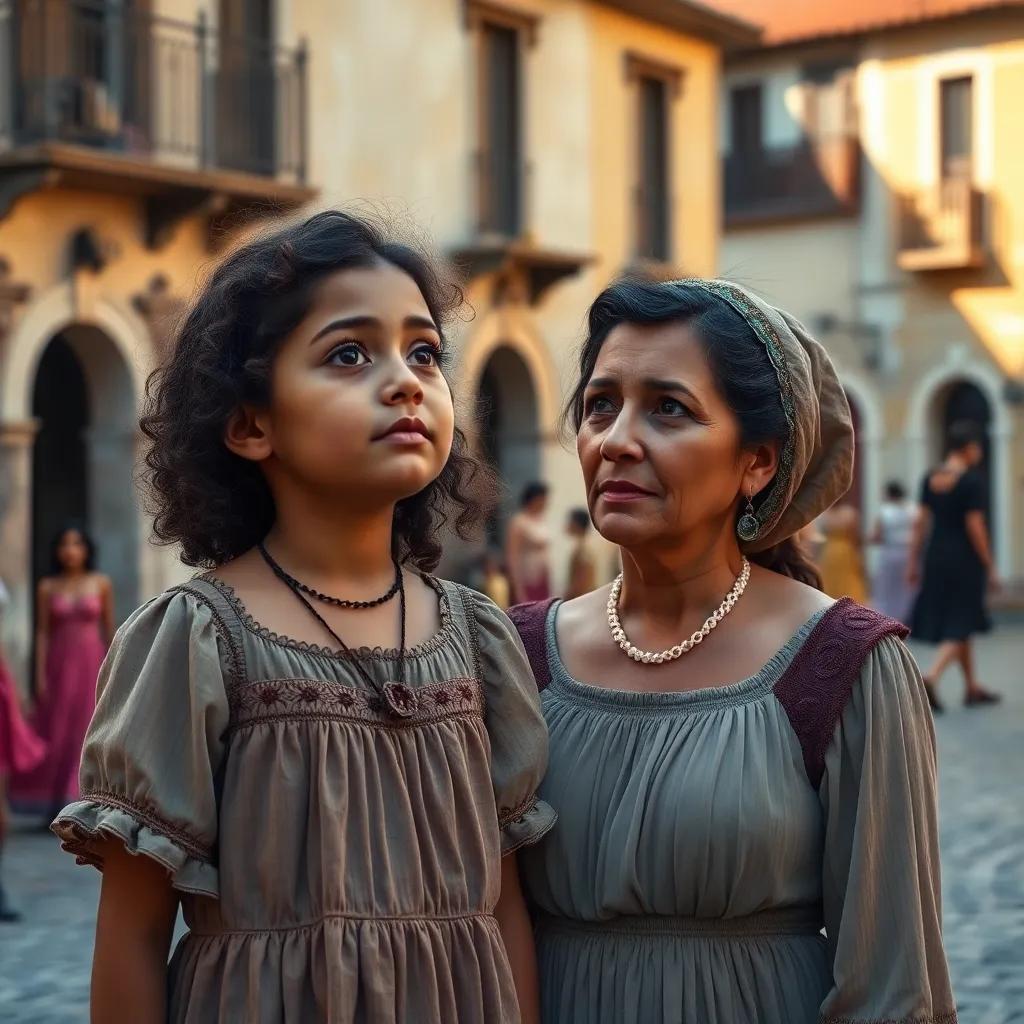 In a colonial town square, Isabela, an indigenous girl with bright eyes and curly brown hair, wearing a simple dress, looking up at her mother, a hardworking woman in a modest gown, showing a concerned expression as they talk about freedom, warm light, inviting atmosphere, cheerful, highly detailed