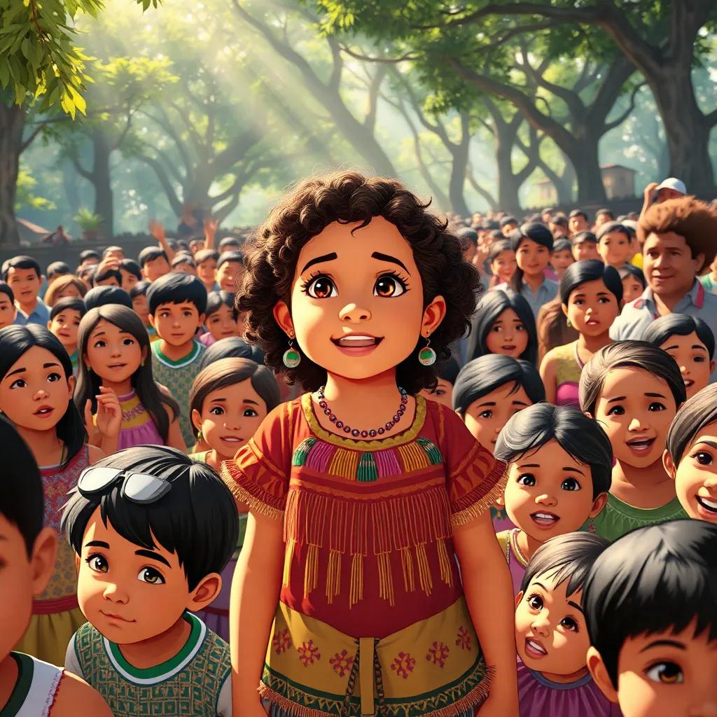 In a vibrant town square filled with children and adults, Isabela, an indigenous girl with bright eyes and curly brown hair, leads a group of children shouting 'Libertad!', surrounded by men and women in traditional clothing, hopeful expressions, sunlight pouring through the trees, dynamic and lively, illustration