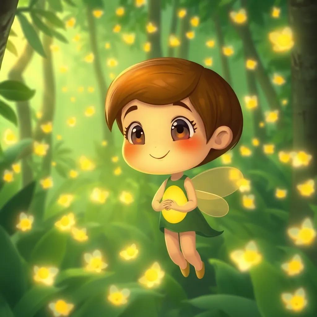 A small firefly named Lila, with a soft glow, in a vibrant green forest full of life, surrounded by many bright fireflies, illustration, cheerful, colorful, child-friendly