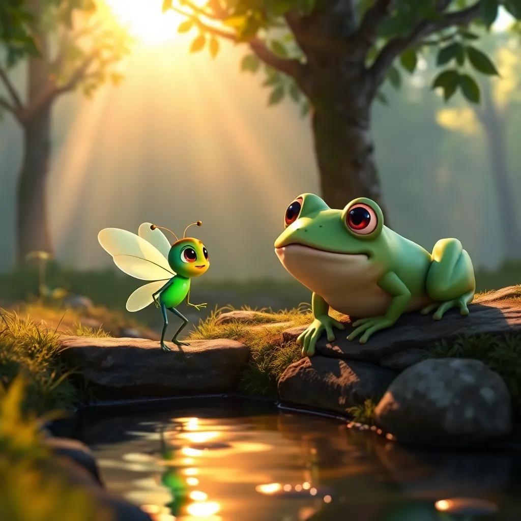 Lila the firefly talking to Ramón the frog, who is green and friendly, alongside a small stream during the day, with sunbeams shining through the trees, digital art, friendly expressions, warm light