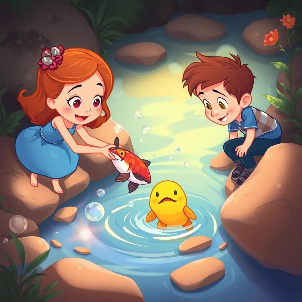 Lila and Ramón helping a trapped fish in a small brook, with bubbles and clear water, the fish looking hopeful and thankful, illustration, child-friendly, warm colors