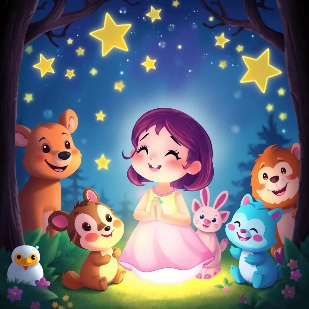 Lila glowing softly while surrounded by smiling forest animals, bright stars twinkling in the night sky, all happy and celebrating, digital painting, colorful, heartwarming, child-friendly