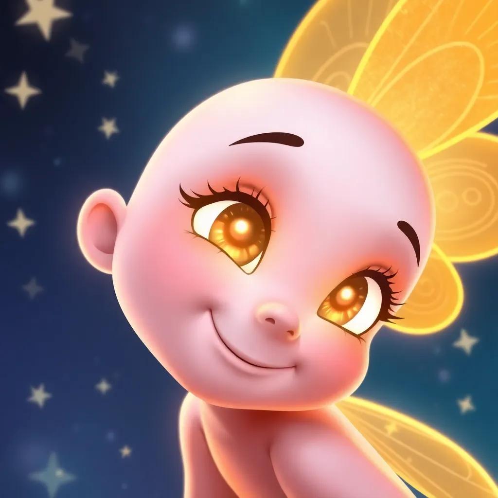 Close-up of Lila the firefly, smiling with a soft golden light, her wings delicate and shining slightly, surrounded by twinkling stars, illustration, magical, child-friendly