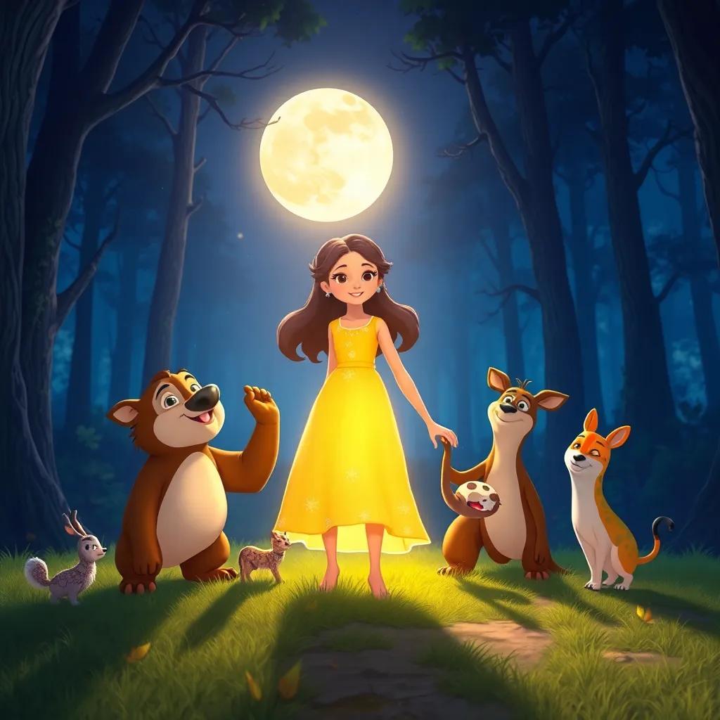 Lila shining with a warm glow, holding hands with Ramón and other animals, all celebrating friendship under the moonlight in the forest, digital art, heartwarming, magical, joyful atmosphere