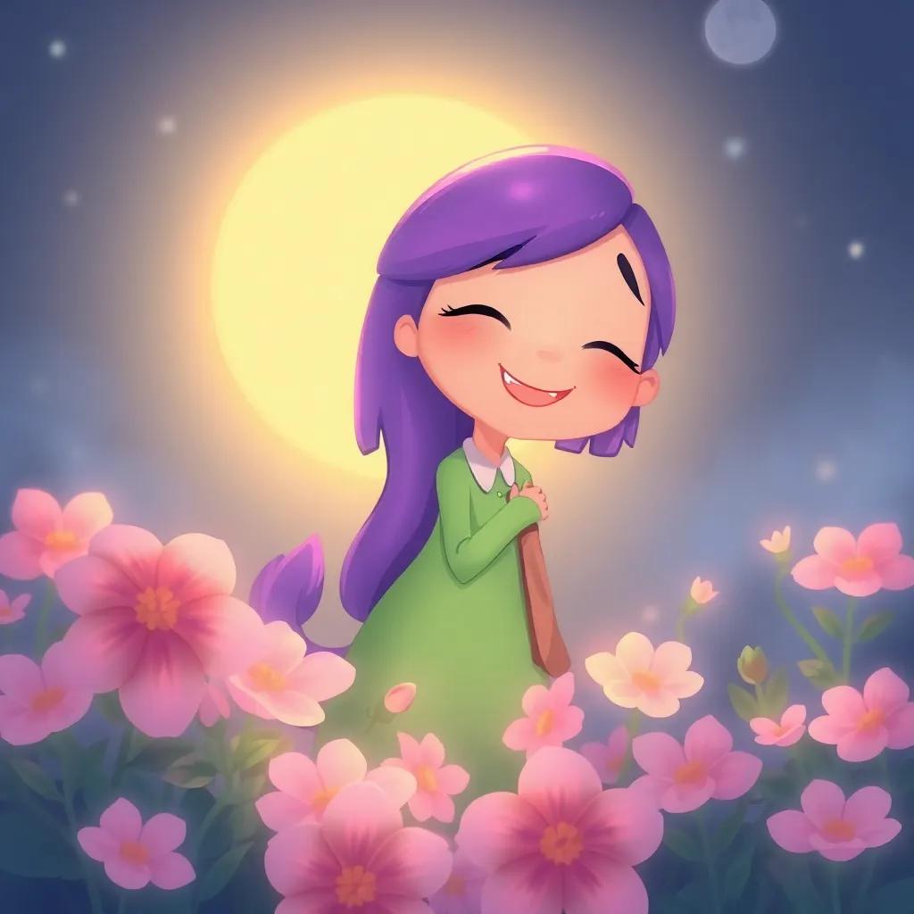 Lila returns home, with a gentle glow, feeling happy and fulfilled, surrounded by soft flowers sleeping at night, illustration, serene, gentle colors, heartwarming