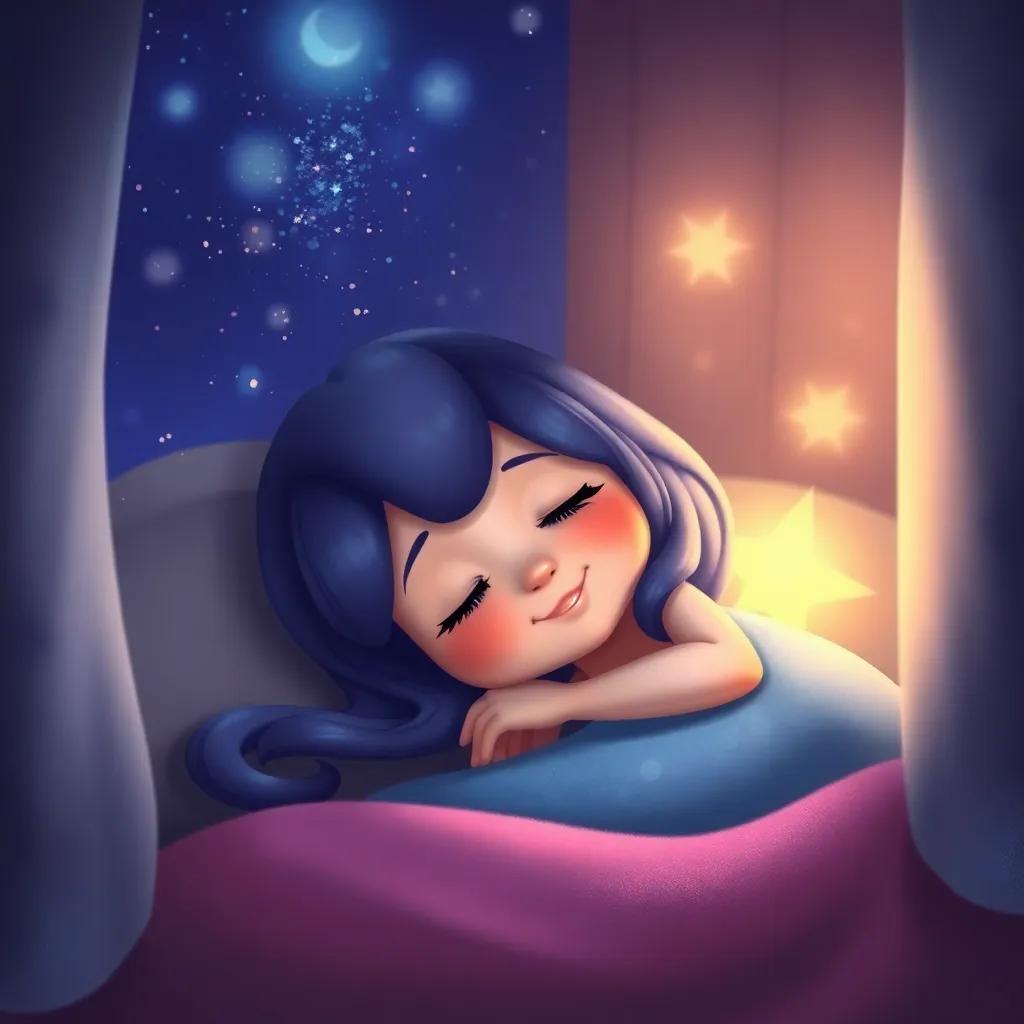 Lila sleeping peacefully in her home, glowing softly under the soft starry night, with a smile on her face and love around her, digital painting, dreamy, magical, cozy