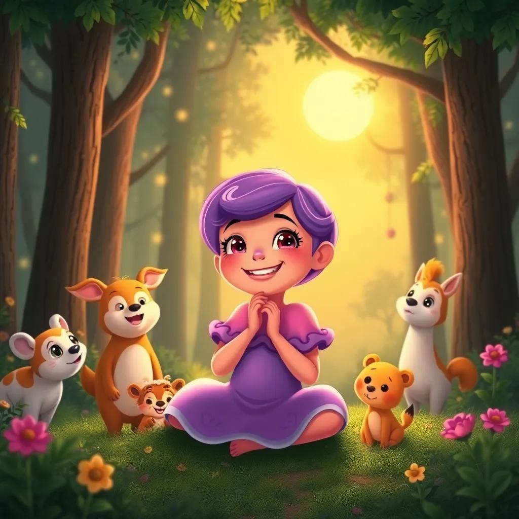 Lila wakes up with a bright smile, ready to shine her love in the forest, with all the animals cheering for her as the sun rises, illustration, cheerful, inspiring, festive