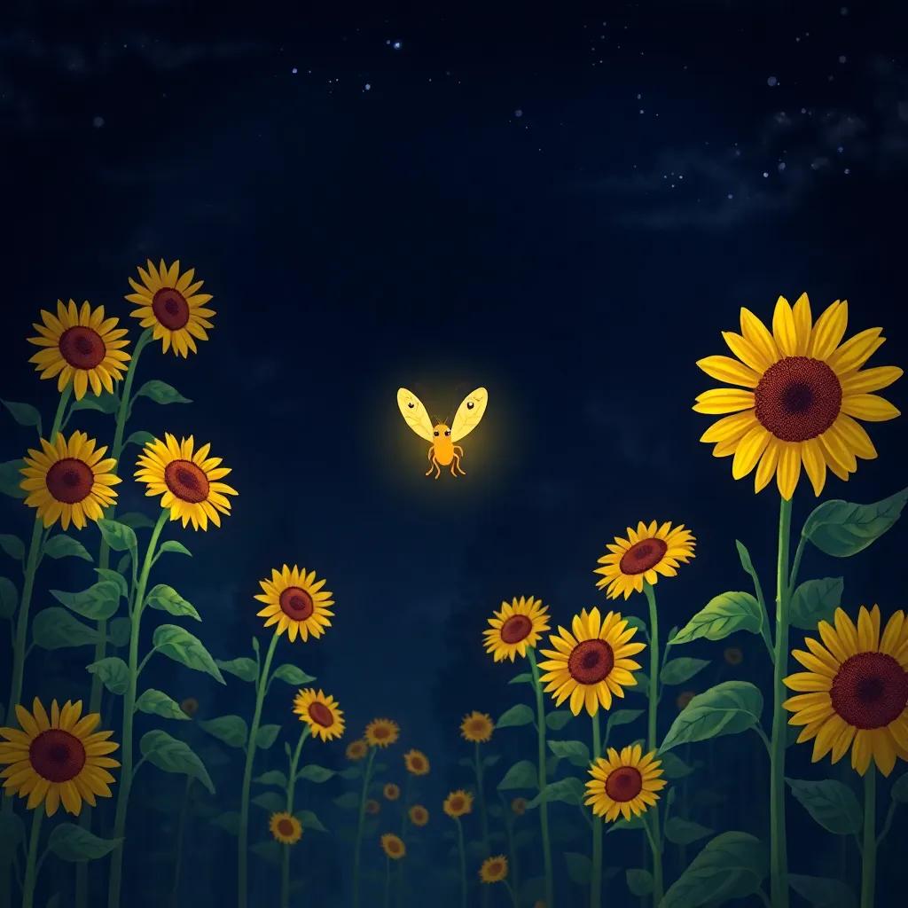 A brave firefly, Luciérnaga, glowing brightly in a dark forest, surrounded by tall sunflowers swaying in the wind, joyful atmosphere, digital art, vibrant colors, clear night sky, enchanting scene, high quality