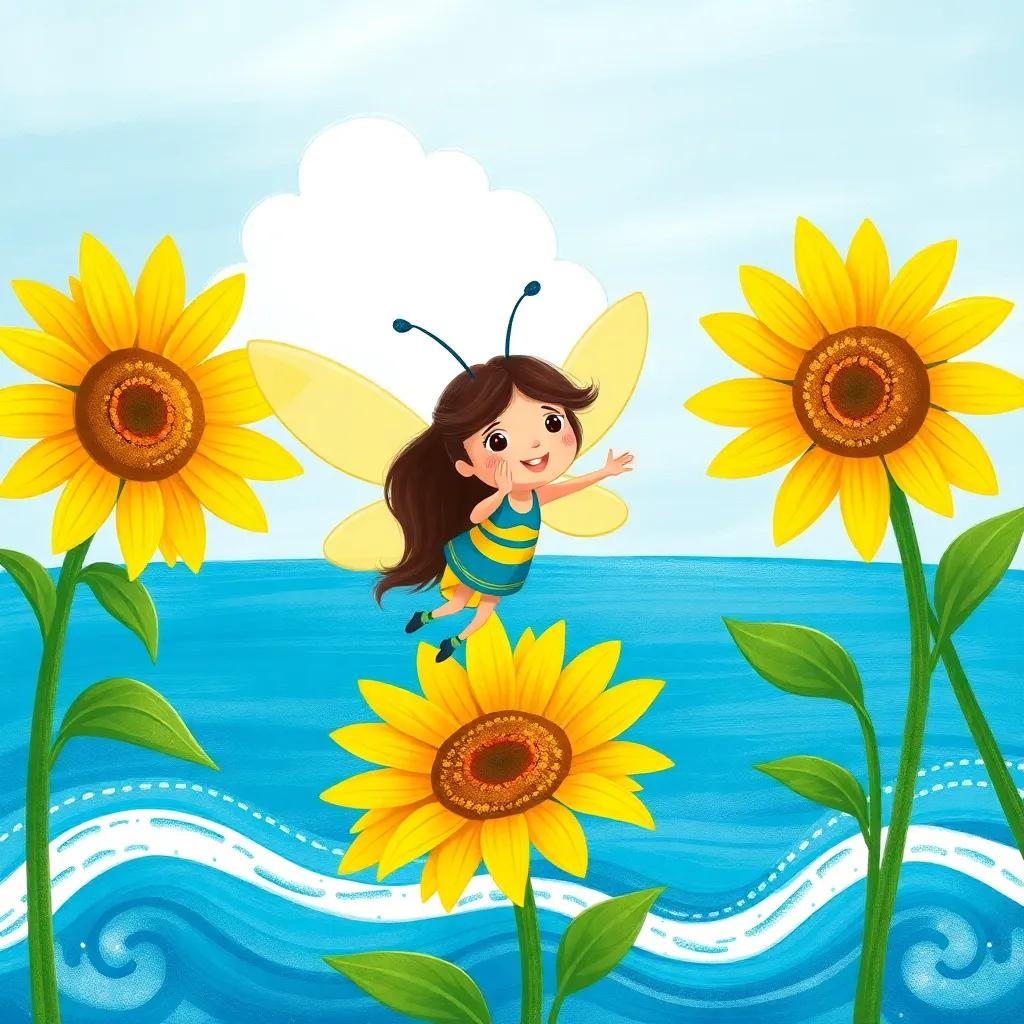Luciérnaga, a brave firefly, flying between sunflowers with golden petals, sparkling with excitement on her journey to the sea, under a beautiful sky and peaceful waves, cheerful, adventure-themed, child-friendly