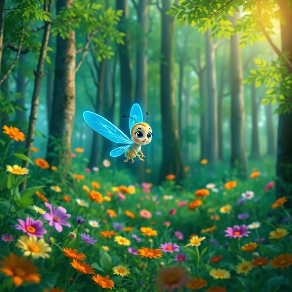 A little firefly named Lila, with a soft blue glow, flying through a vibrant green forest filled with colorful flowers and tall trees, digital art, cheerful and colorful, warm and inviting atmosphere, high quality