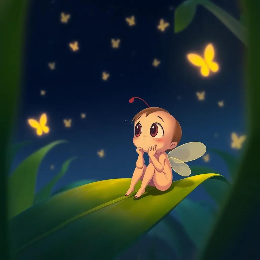 Lila the firefly sitting on a leaf, looking sad while watching other fireflies shining with golden light in the night sky, illustration, emotional, gentle colors, close-up perspective, heartwarming