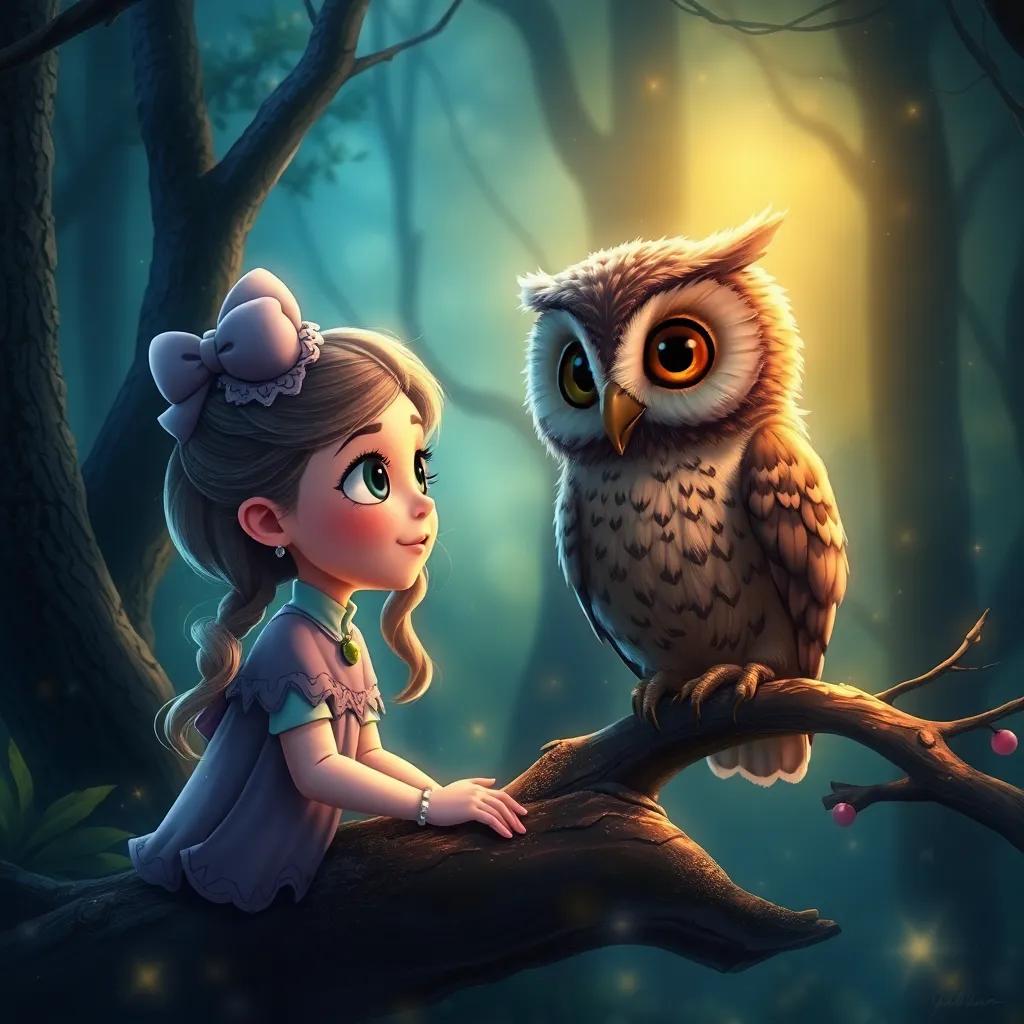 Lila meeting a wise owl named Osito, who is brown with big round eyes, in a mystical part of the forest with sparkles, digital painting, magical ambiance, enchanting light, detailed