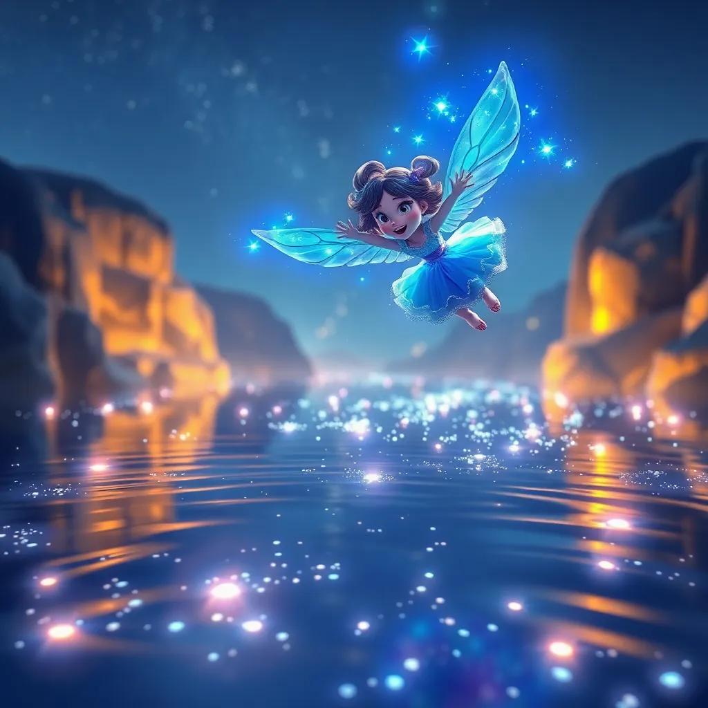 Lila flying to a glowing river with a reflective surface, where her blue light makes the water sparkle like diamonds, bright and vibrant, captivating perspective, joyful and wondrous