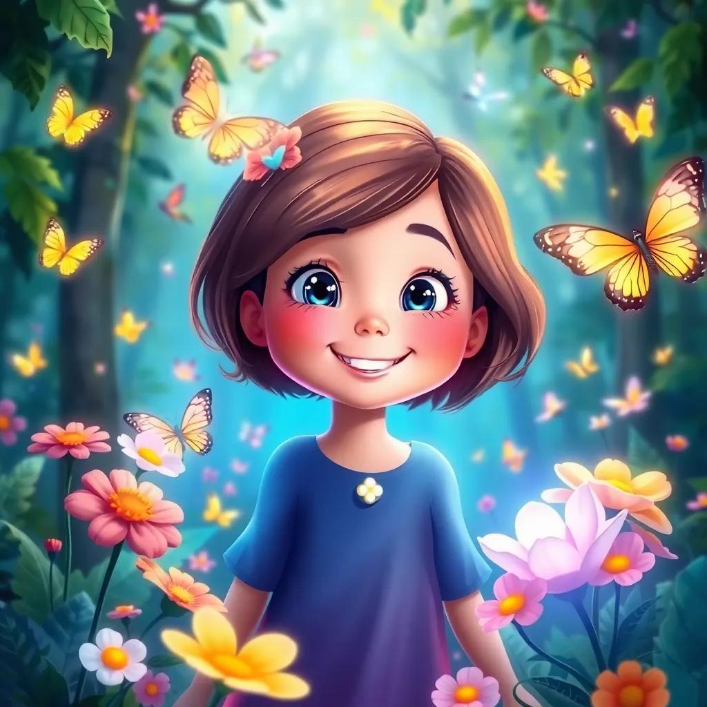 Lila smiling as her blue light illuminates flowers in the forest, surrounded by fluttering butterflies, with colors bursting and shining, child-friendly style, bright and lively