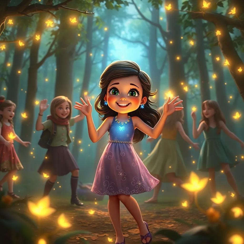 A magical dance party in the forest, where Lila’s blue light is at the center, other fireflies surrounding her with golden light, festive atmosphere, stunning details, joyous