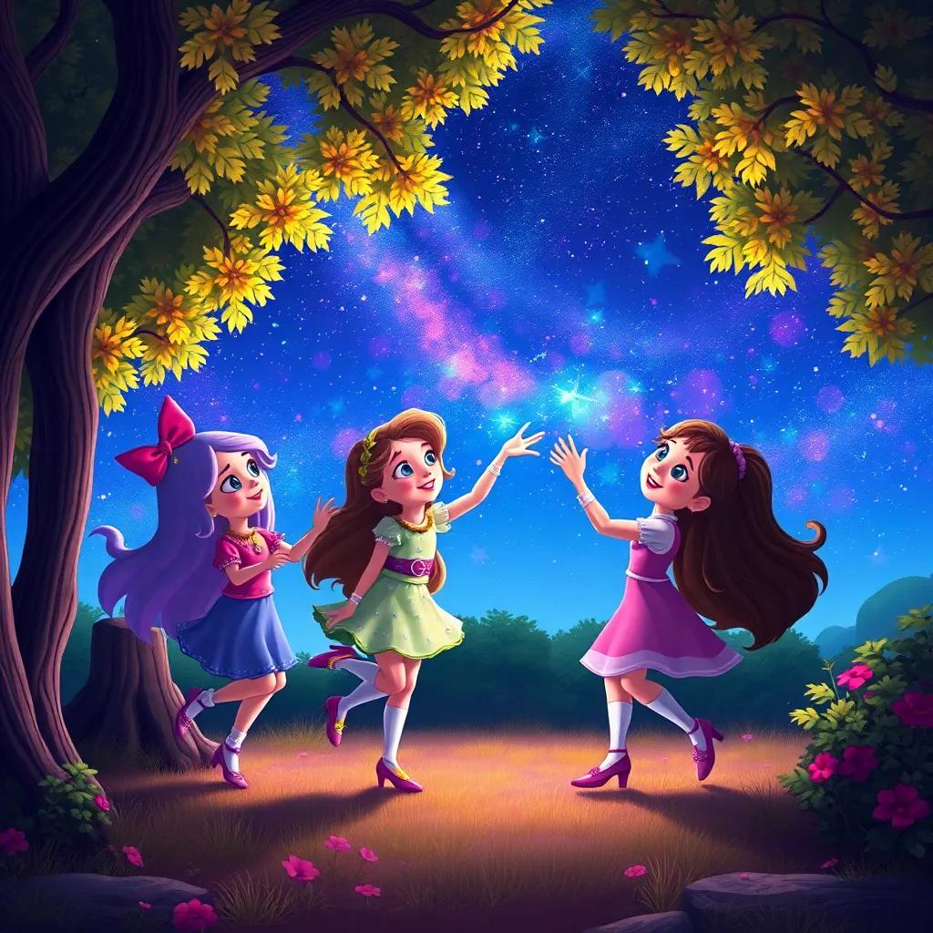 Lila and her friends dancing among the trees, with a sky filled with stars and colors from her blue light, together they are creating a sparkling scene, vibrant colors, enchanting view