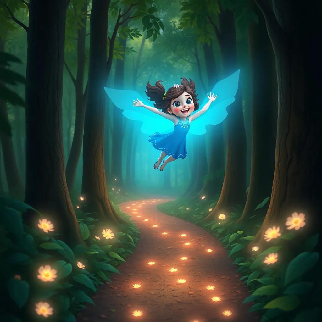 Lila flying joyfully through the forest, with her blue light illuminating the path, making every leaf and flower glow along the way, inspiring and playful
