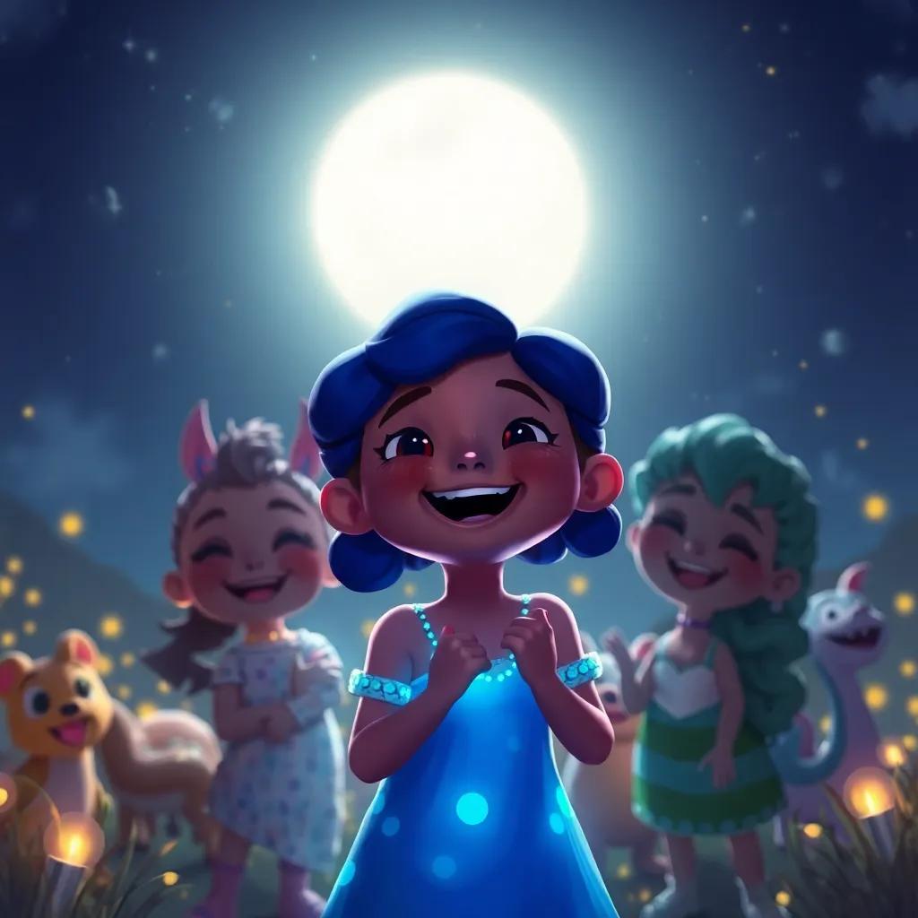 A joyful Lila under the moonlight, with her blue glow shining brightly, surrounded by her friends celebrating their uniqueness and friendship, warm celebration, charming perspective