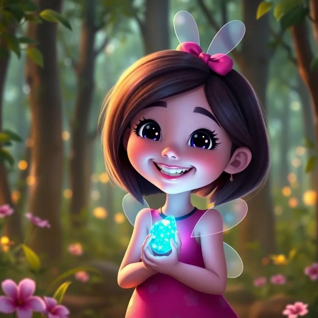 Lila smiling proudly in her forest, with her unique blue light sparkling and twinkling, being the happiest firefly, colorful and inviting, heartwarming conclusion