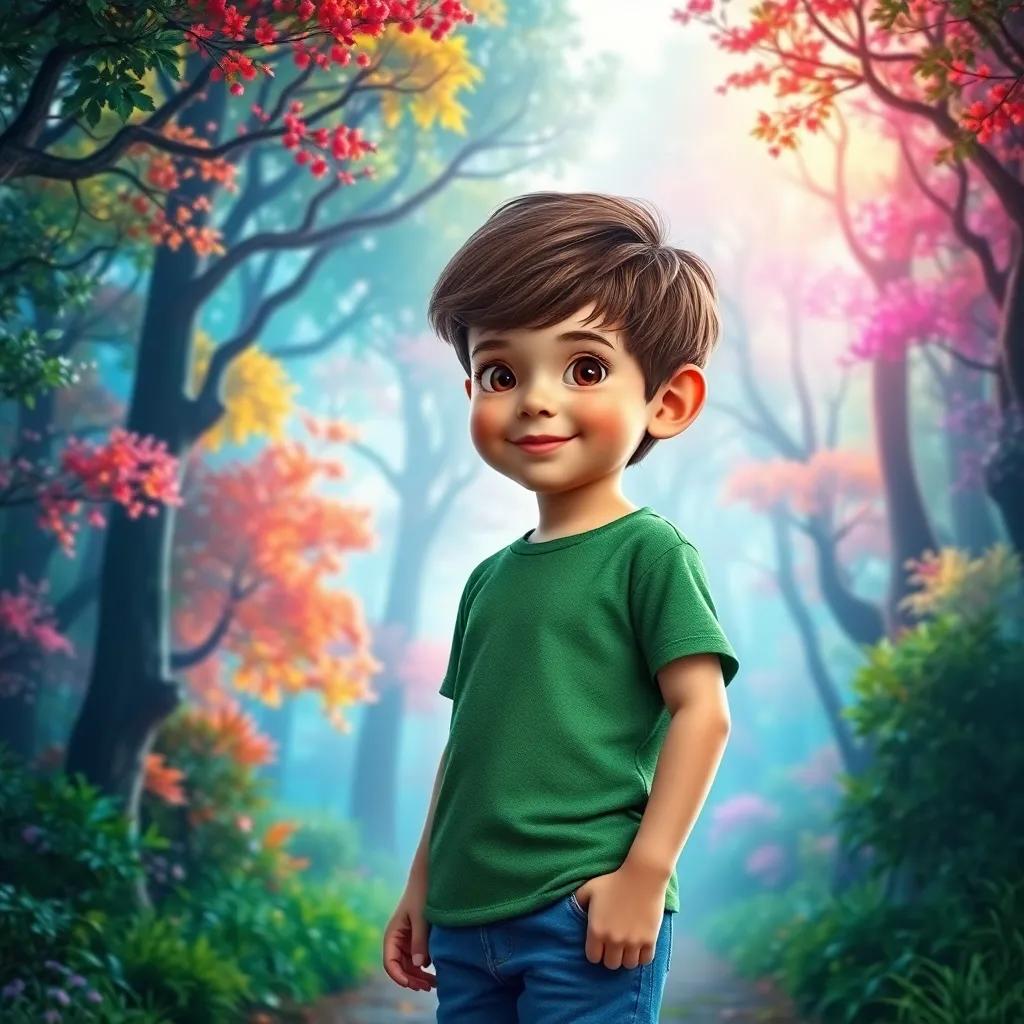 A young boy named Leo, with short brown hair, wearing a green t-shirt and blue shorts, entering a magical forest filled with colorful trees and enchanting light, digital art, vibrant colors, cheerful atmosphere, inviting perspective, high quality